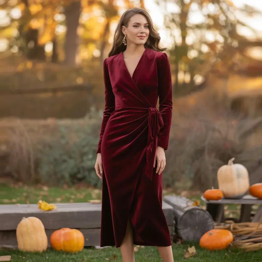Top 15 Fall Formal Wedding Attire Looks That Are Trending Right Now 1 Velvet Wrap Midi Dress