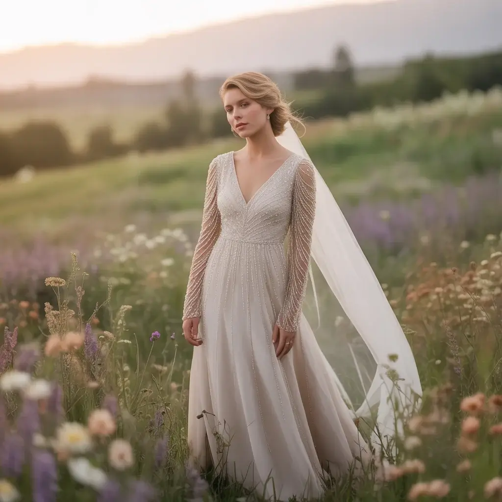 15 Long Sleeve V Neck Wedding Dresses Brides Are Pinning 5 Vintage-Inspired Beaded Long Sleeve V Neck Gown