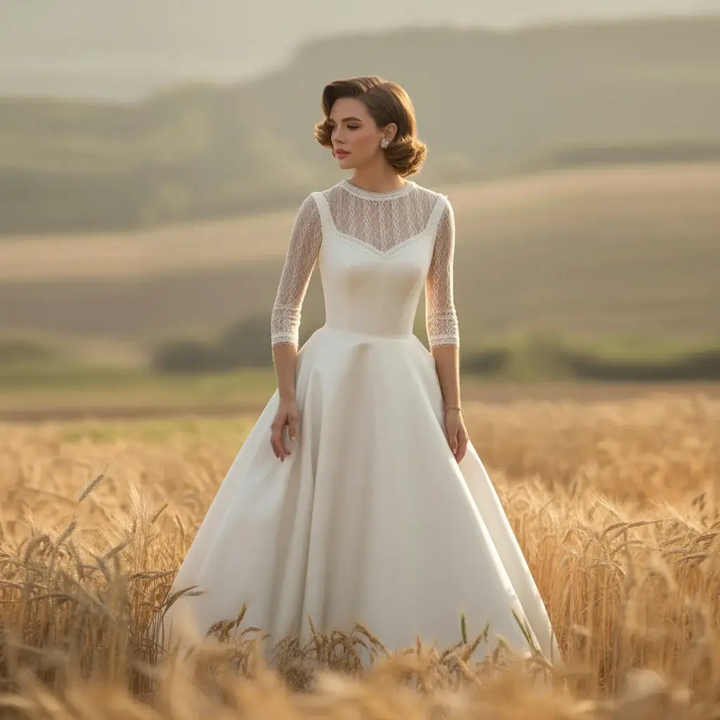 Vintage Inspired Cat Eye Tea Length Wedding Dress With Retro Proportions And Modern Neckline