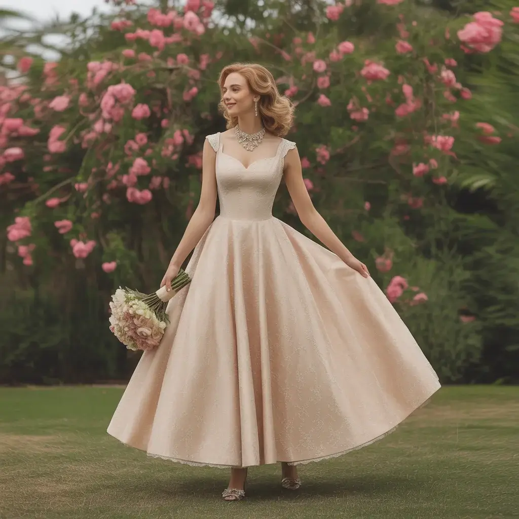 Vintage-Inspired Champagne Tea-Length Dress