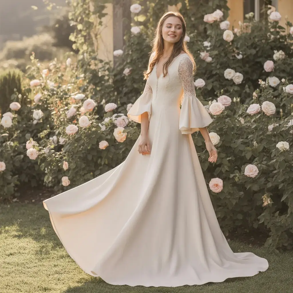 Vintage-Inspired Crepe Bell Sleeve Gown