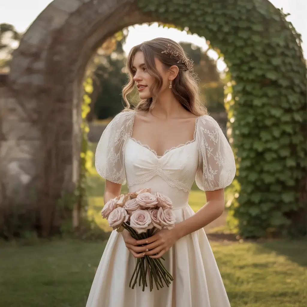 17 Wedding Dresses with Poofy Sleeves Brides Love 5 Vintage-Inspired Puff Sleeve Tea-Length Dress