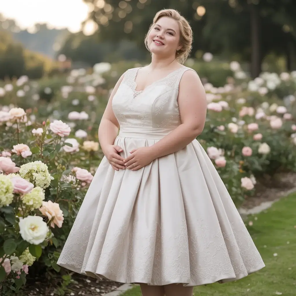 Top 13 Plus Size Wedding Dresses to Hide Stomach That Brides Are Pinning Right Now 10 Vintage-Inspired Tea Length with Petticoat