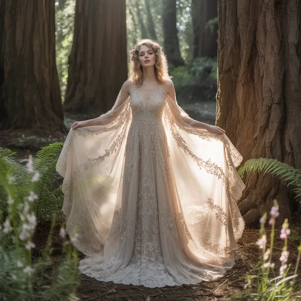 Vintage Lace Forest Nymph Wedding Dress With Antique Patterns And Ethereal Flowing Design