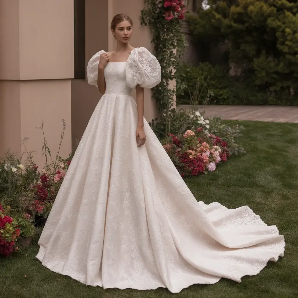17 Wedding Dresses with Poofy Sleeves Brides Love 16 Vintage Lace Puff Sleeve with Cathedral Train