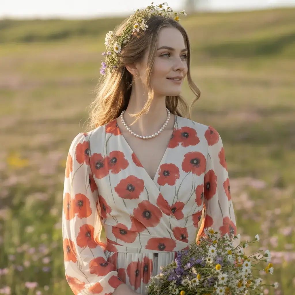Vintage-Style Poppy Print Wrap Dress