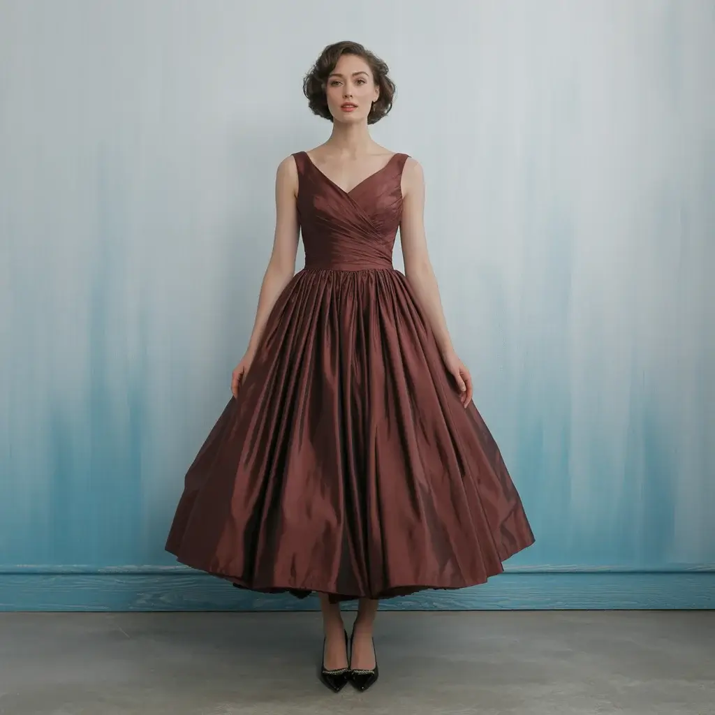 13 Brown Wedding Gowns Trending Right Now 10 Vintage-inspired mahogany brown taffeta tea-length wedding dress with full skirt