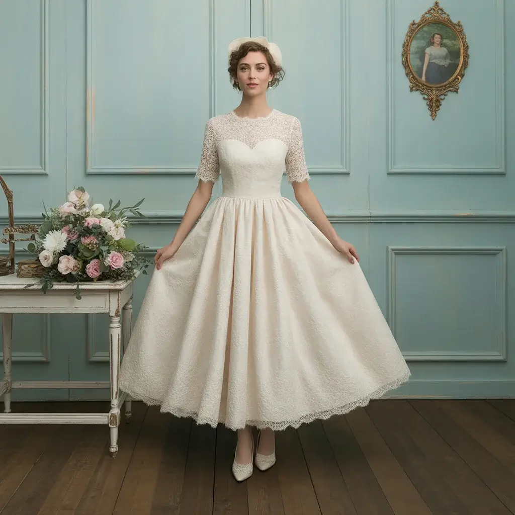 Top 15 Backyard Wedding Dresses That Are Pinterest Favourites Right Now 4 Vintage-inspired tea-length backyard wedding dress.