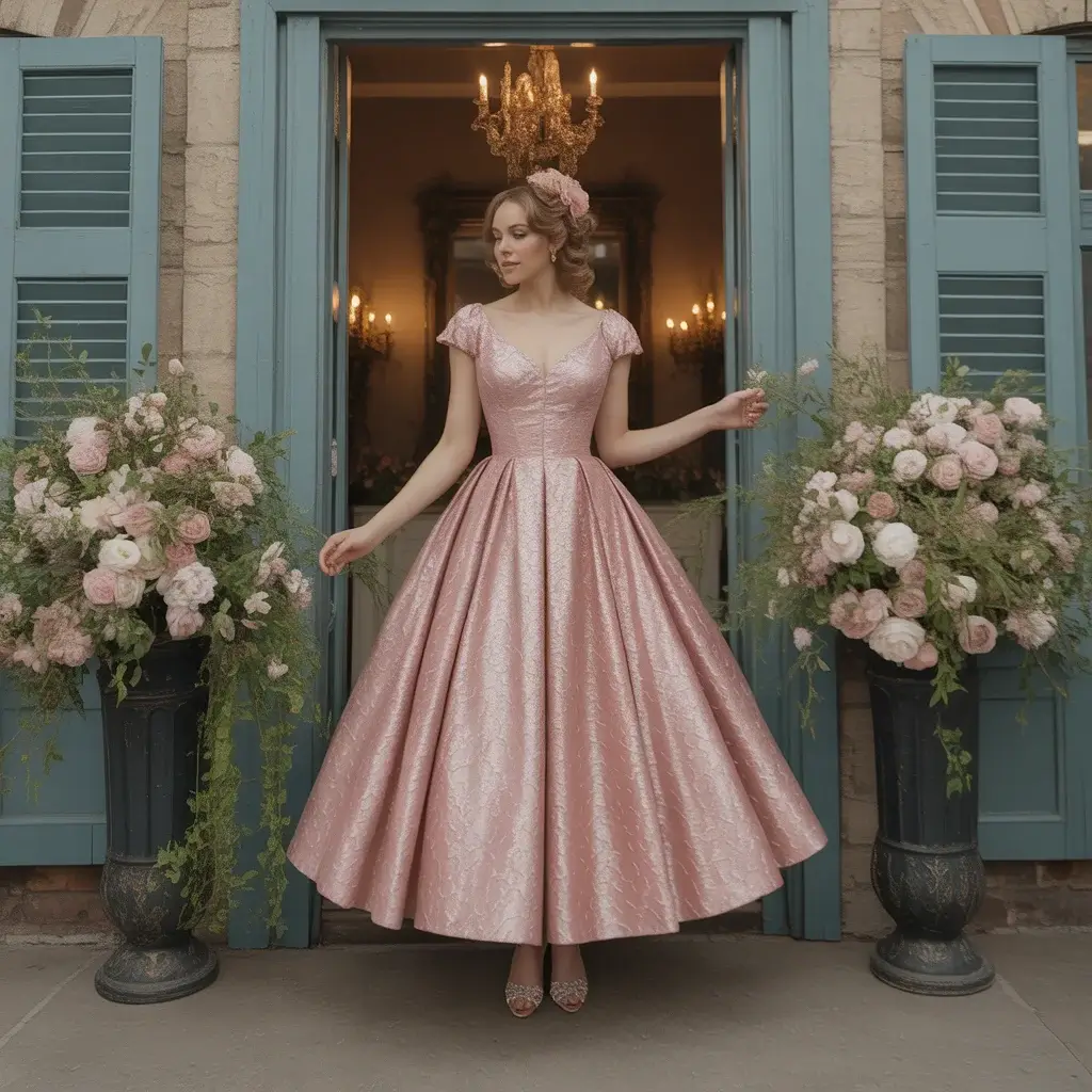 Top 15 Rose Gold Dresses That Are Trending on Pinterest 6 Vintage-inspired tea length dress in rose gold with full circle skirt and fitted bodice