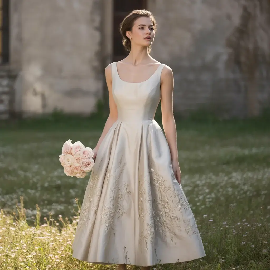 Top 15 Scoop Neck Wedding Dresses Brides Are Saving Right Now 4 Vintage inspired tea length scoop neck gown