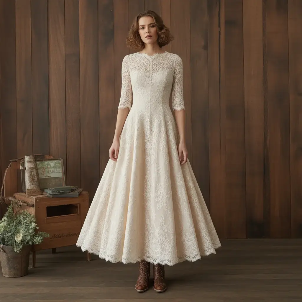 Vintage lace A-line wedding dress with three-quarter sleeves and artisan tooled leather boots