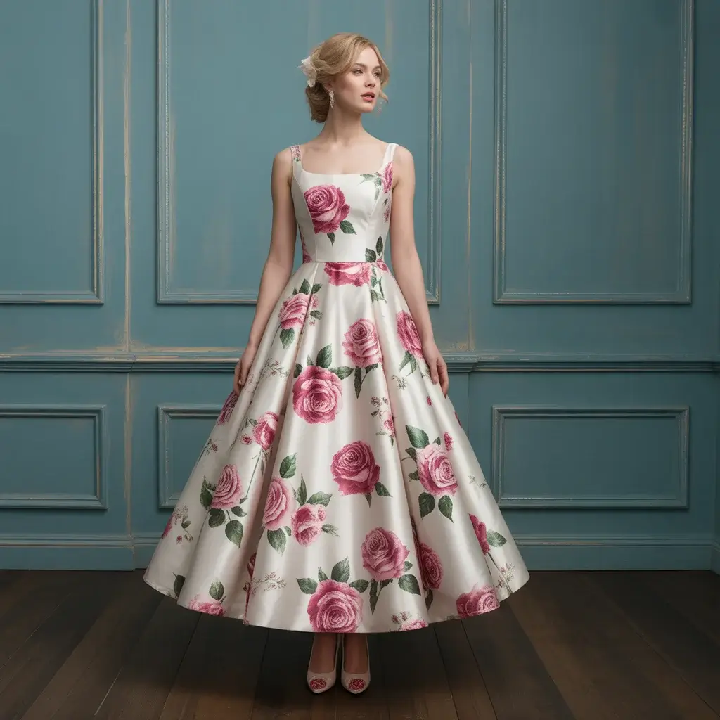 Vintage tea length rose print wedding dress
