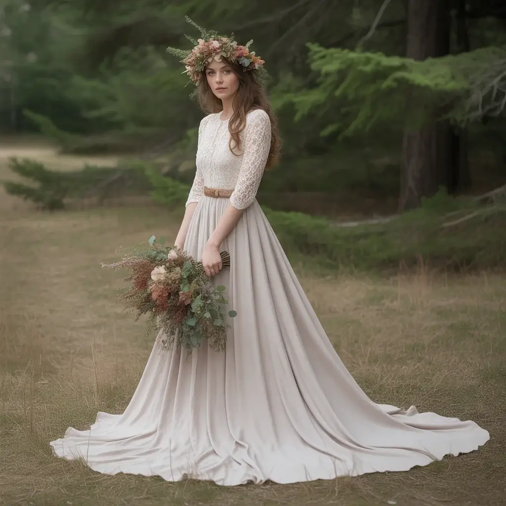 Whimsical Flower Crown Forest Wedding Ensemble With Natural Floral Accessories And Coordinated Woodland Styling