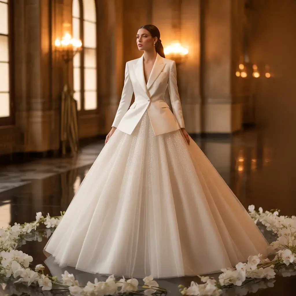 White tuxedo jacket wedding gown with full tulle ballgown skirt combination