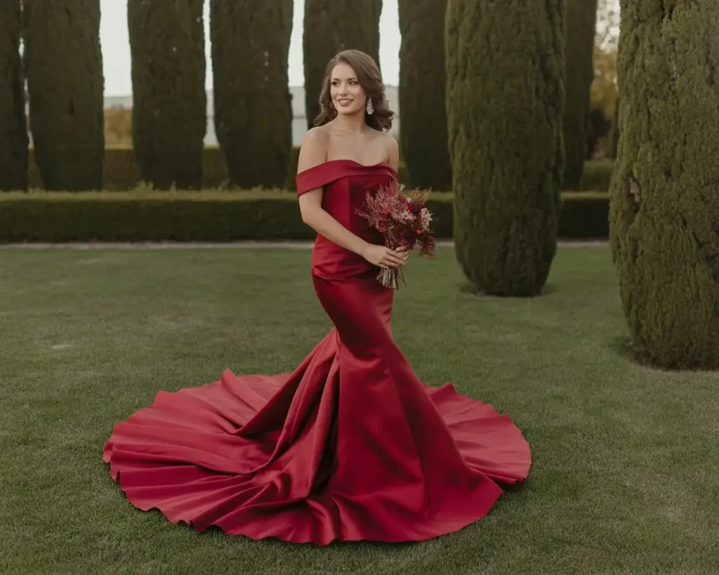 Wine Red Satin Mermaid with Dramatic Train