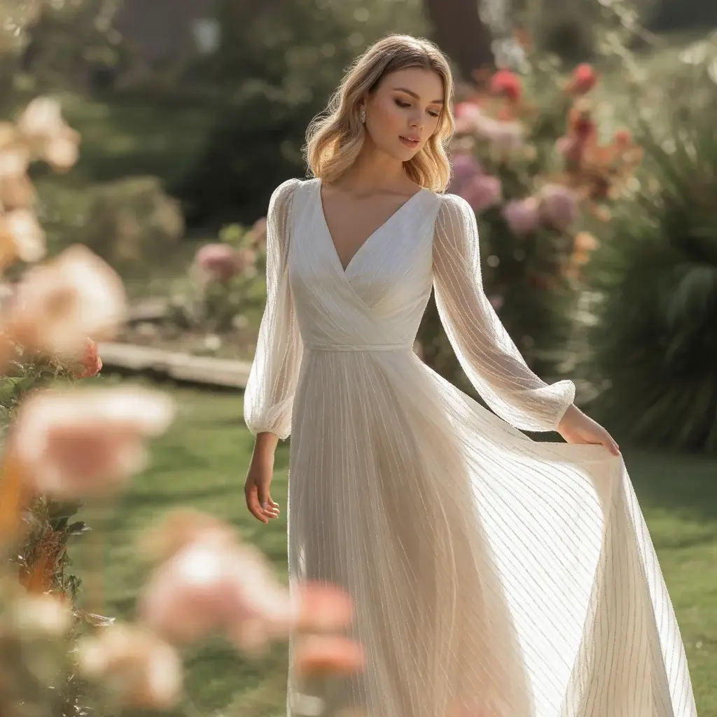 15 Long Sleeve V Neck Wedding Dresses Brides Are Pinning 12 Wrap-Style Long Sleeve V Neck Dress