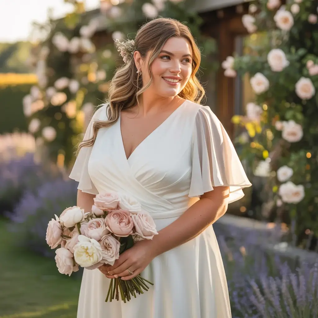 Top 13 Plus Size Wedding Dresses to Hide Stomach That Brides Are Pinning Right Now 3 Wrap-Style V-Neck with Flutter Sleeves