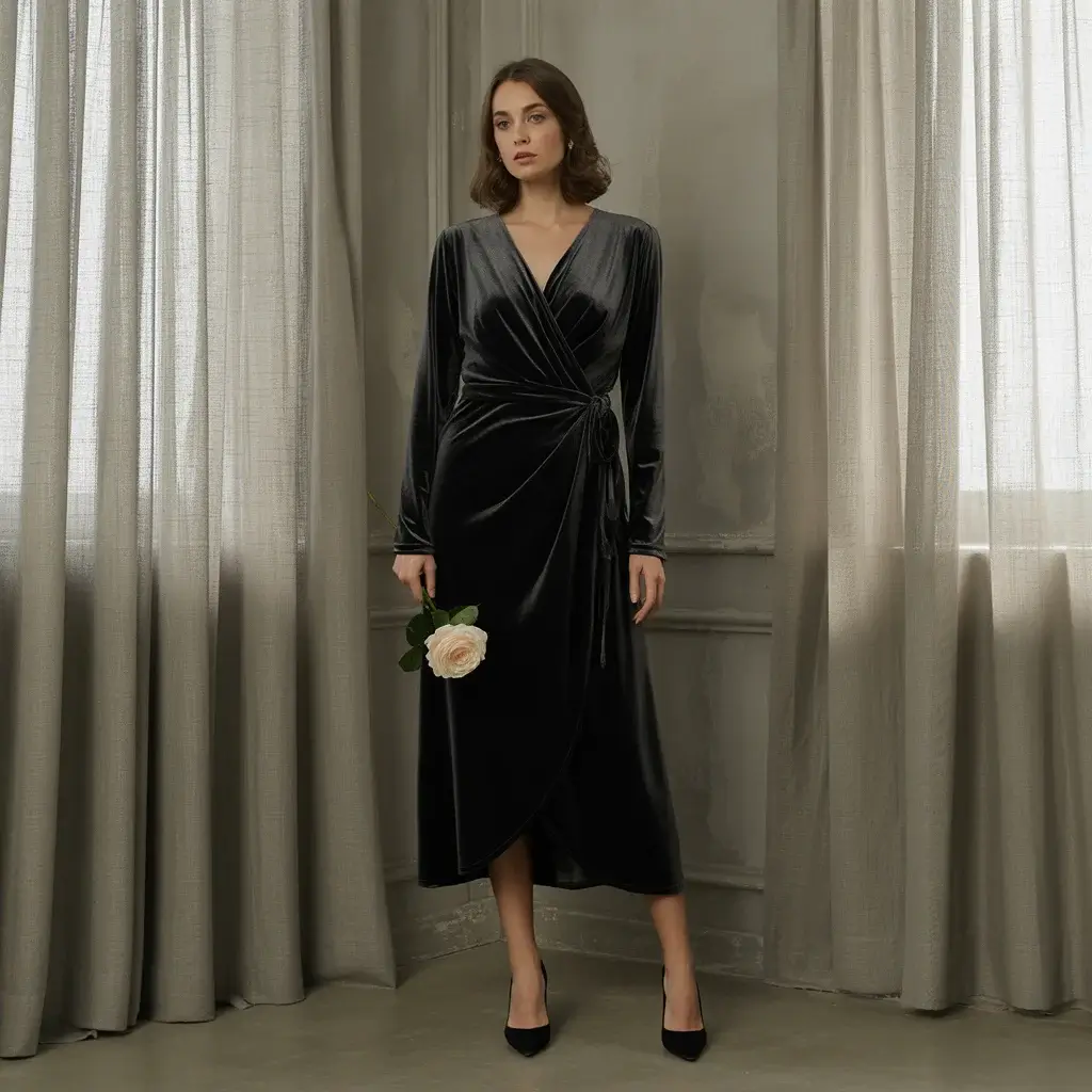 Wrap-style black velvet midi dress with adjustable flattering fit