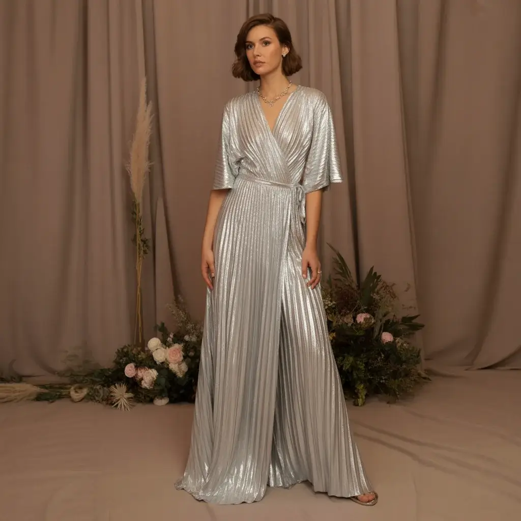 Wrap-style metallic evening dress with adjustable fit and strategic draping