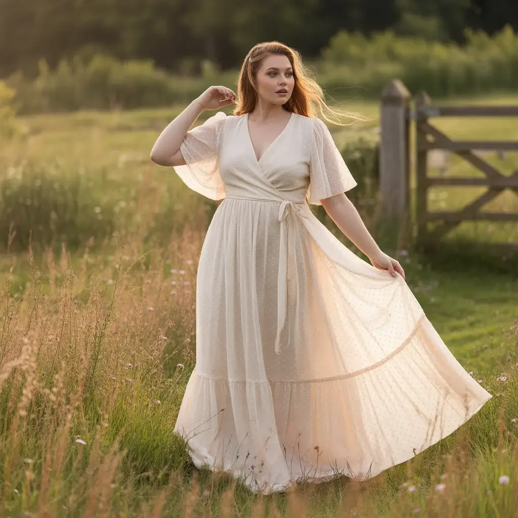Wrap-style plus size bohemian maxi wedding dress with romantic flutter sleeves