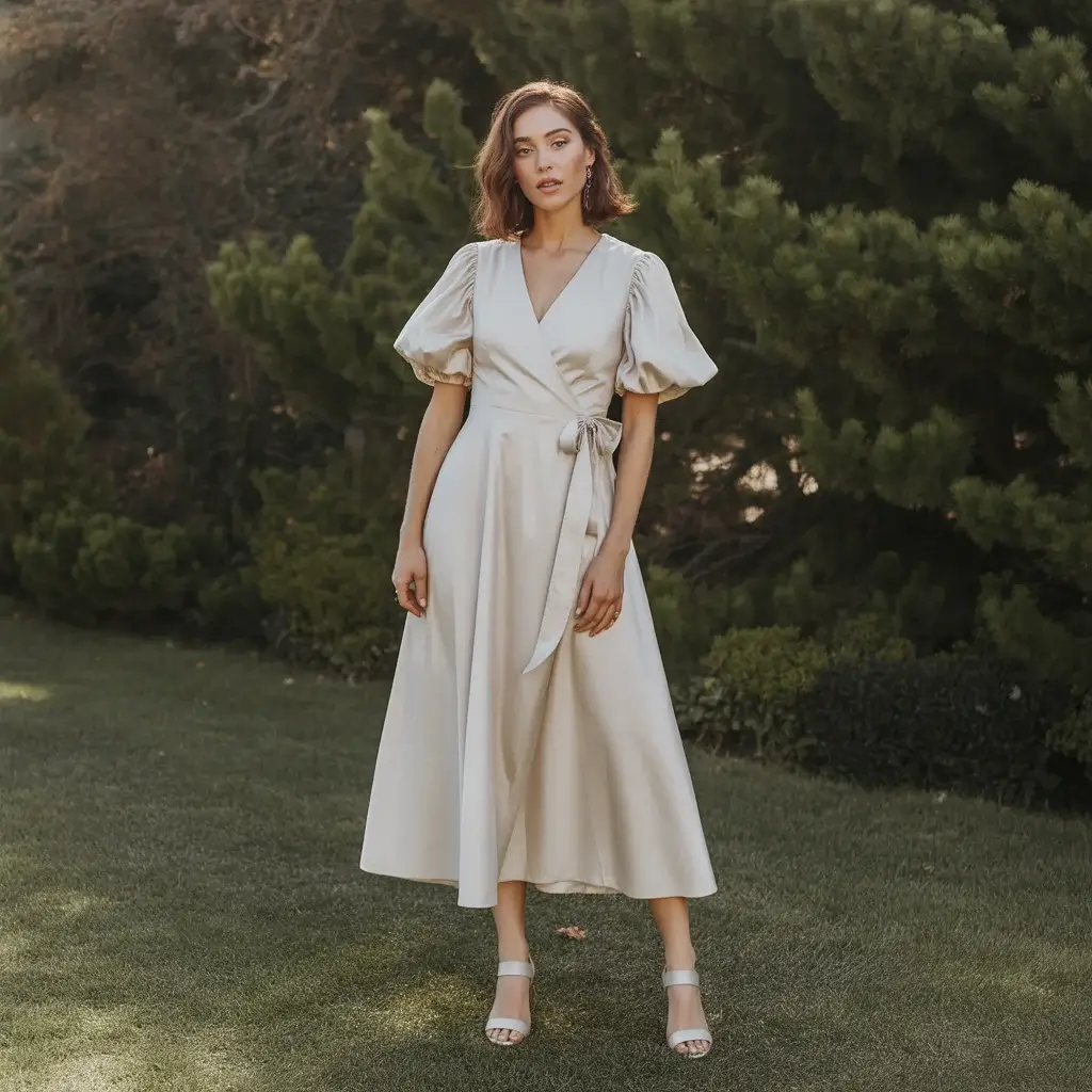 Top 15 Backyard Wedding Dresses That Are Pinterest Favourites Right Now 7 Wrap-style versatile backyard wedding midi dress.