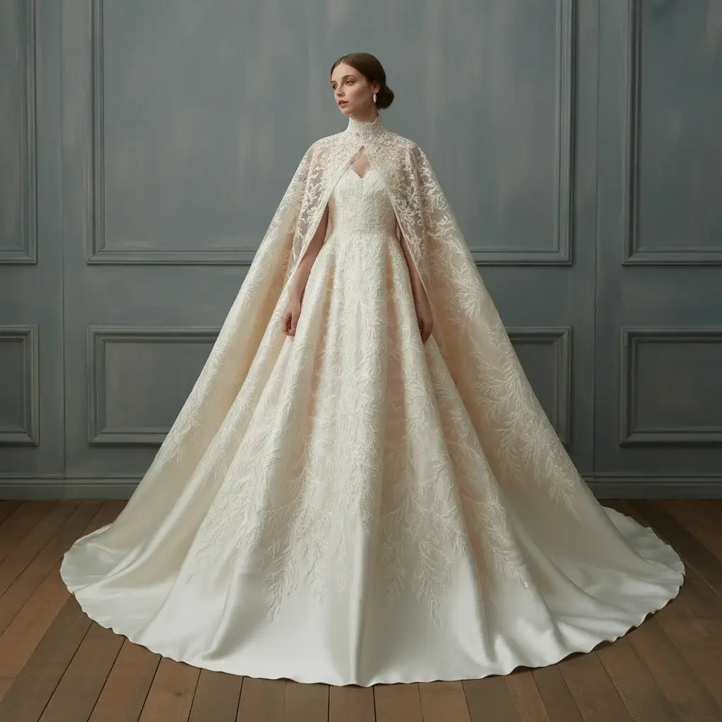 cape style dramatic winter wedding gown