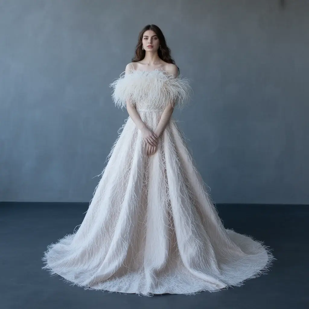 feathered texture winter romance gown