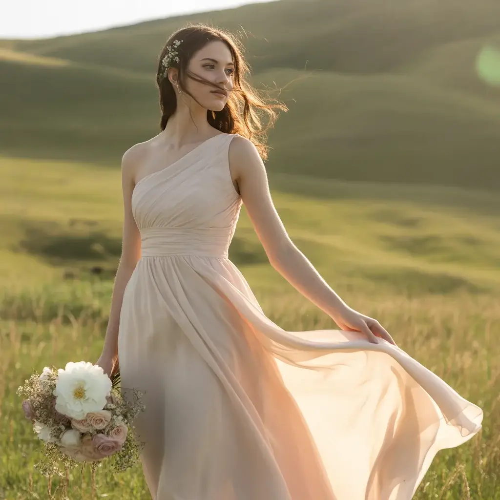 flowing chiffon one shoulder wedding dress