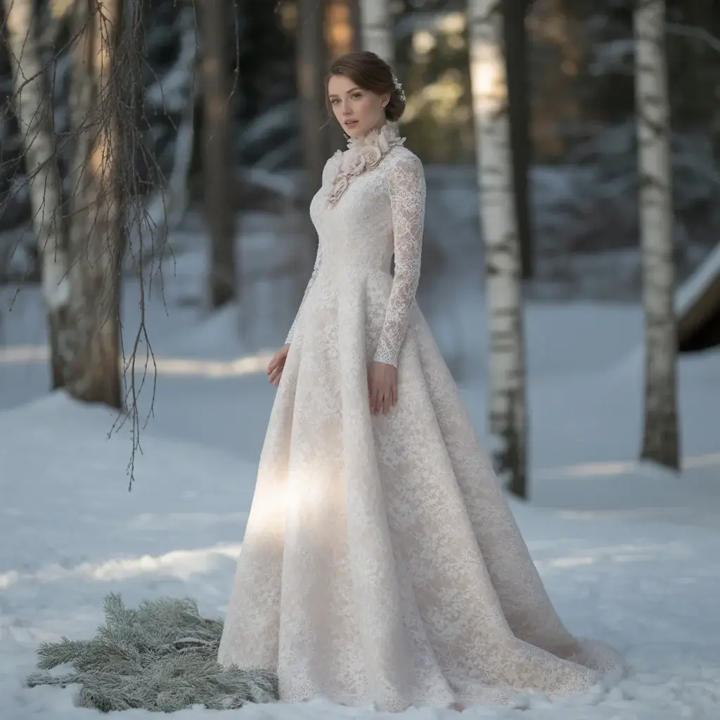 high neck lace winter wedding dress