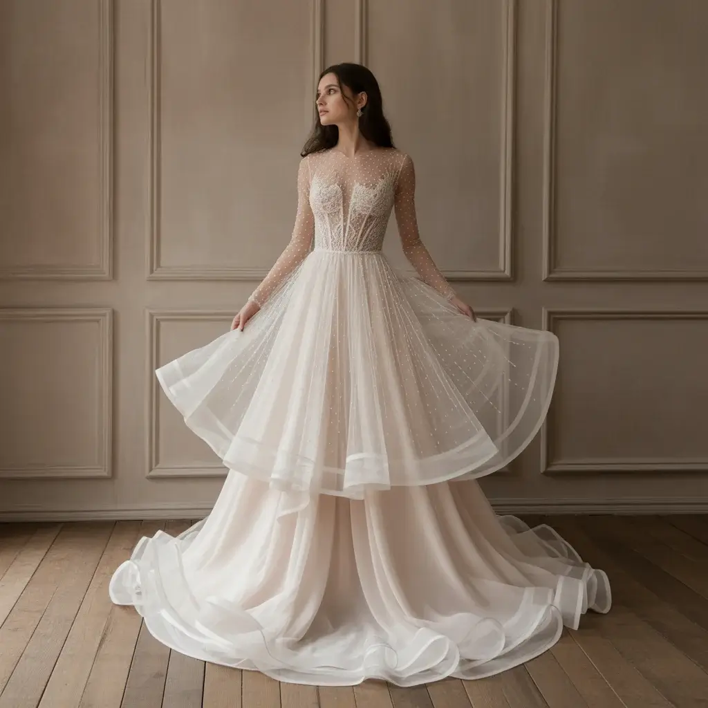 15 See Through Wedding Dresses Trending Now 12 layered sheer skirt wedding dress
