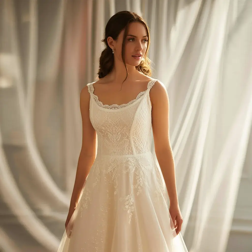 scoop neck delicate straps wedding dress