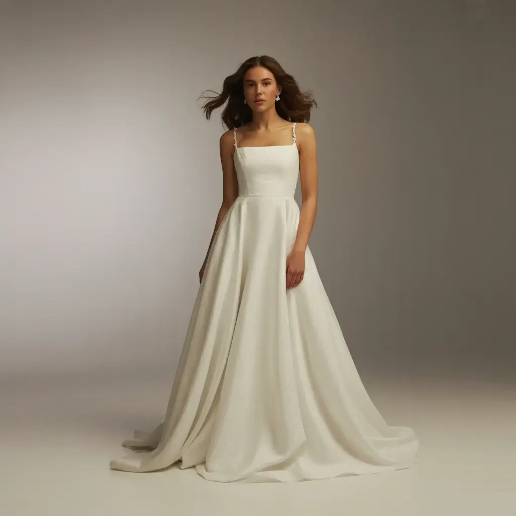 square neckline thin straps wedding dress.