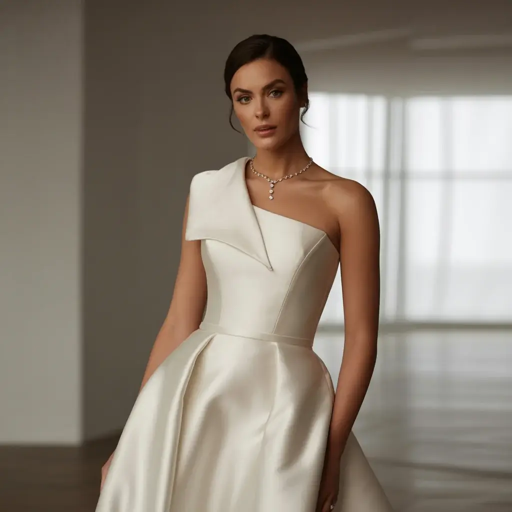 structured satin one shoulder bridal gown