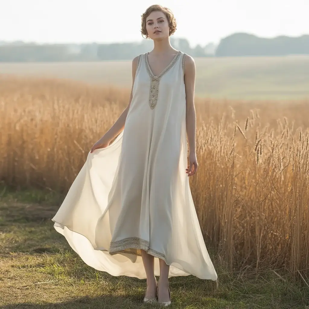 1920s dropped waist silk georgette wedding dress with beaded details and flowing silhouette