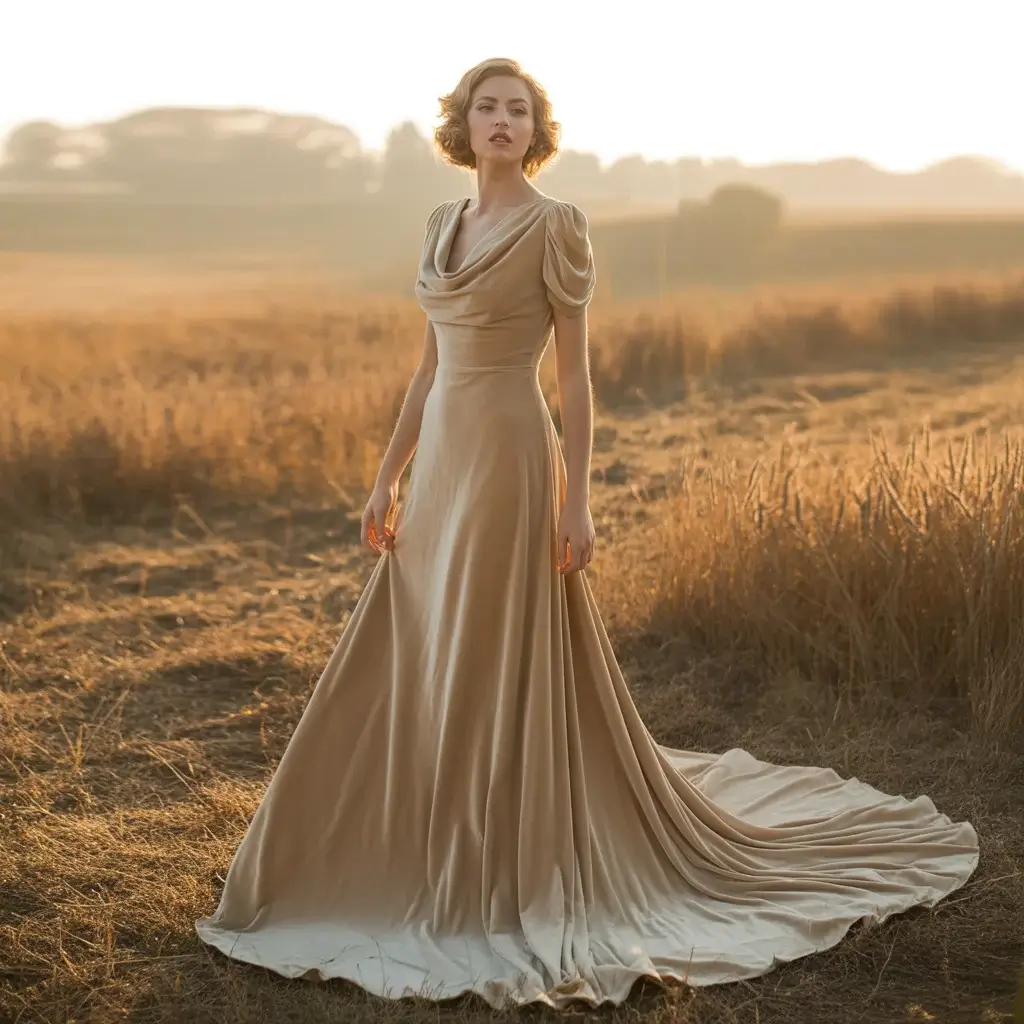 1930s cowl neck silk velvet wedding gown with dramatic draping and luxurious texture