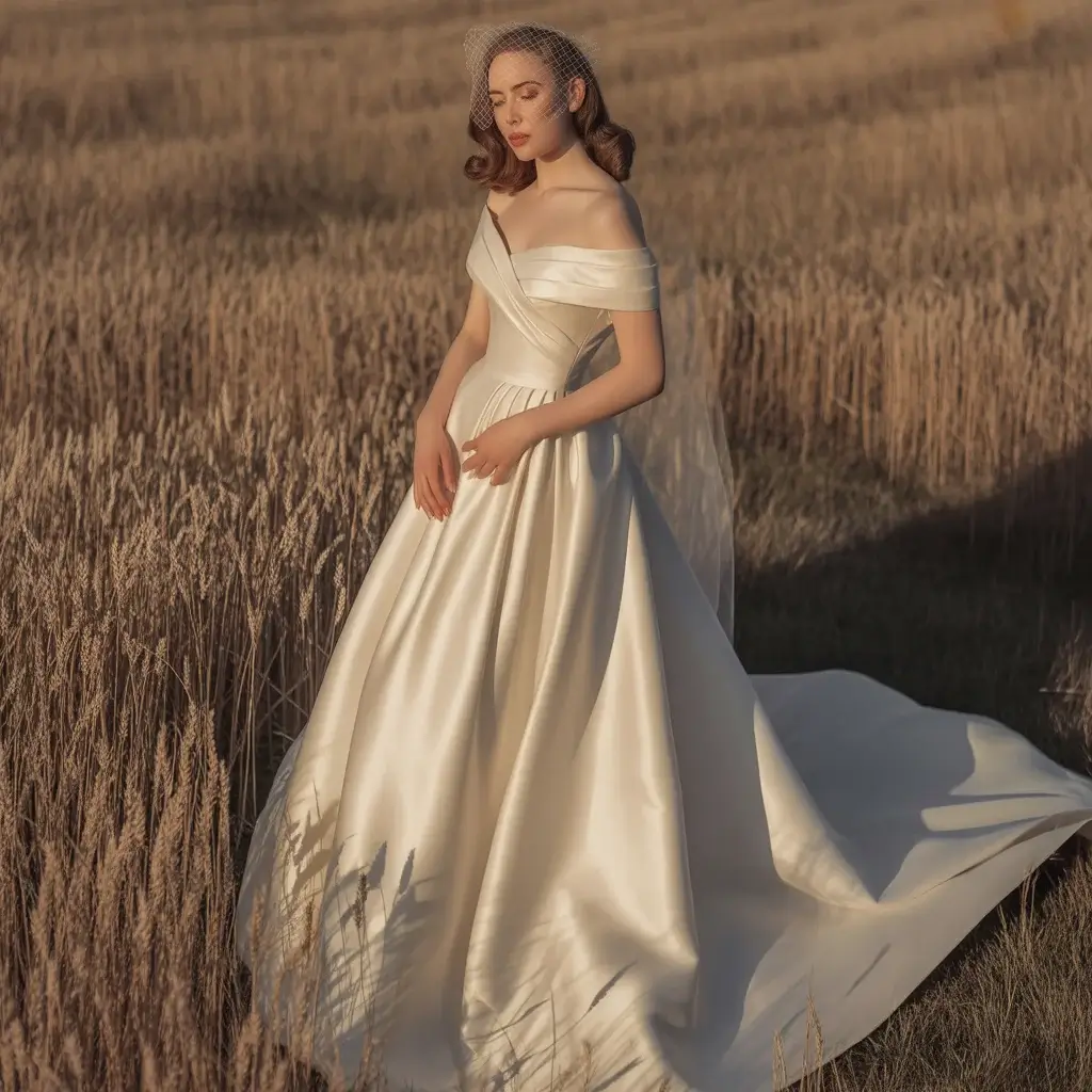 1940s off shoulder silk charmeuse wedding gown with romantic draping and flowing silhouette