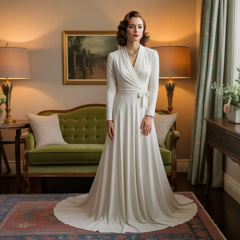 1940s wrap front silk jersey wedding dress with comfortable fit and elegant drape