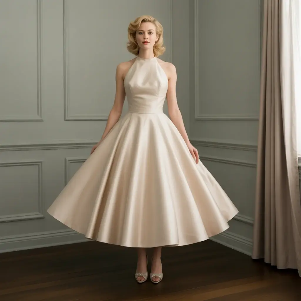 1950s halter neck silk faille circle dress with full skirt and fitted bodice