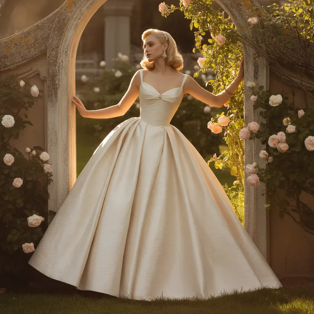 1950s princess ballgown in textured silk dupioni with sweetheart neckline and full skirt