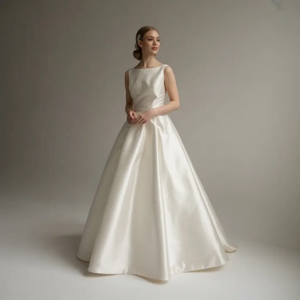 1960s mod A-line silk mikado wedding dress with clean lines and minimalist details