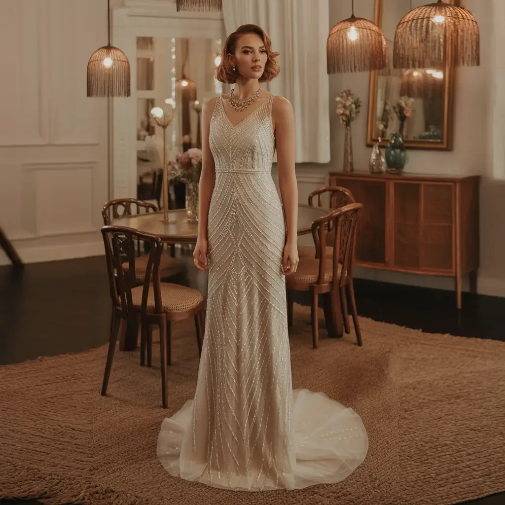 Top 16 Best Try at Home Wedding Dresses That Brides Are Ordering Online 9 Art Deco beaded sheath wedding dress with geometric patterns and vintage glamour details