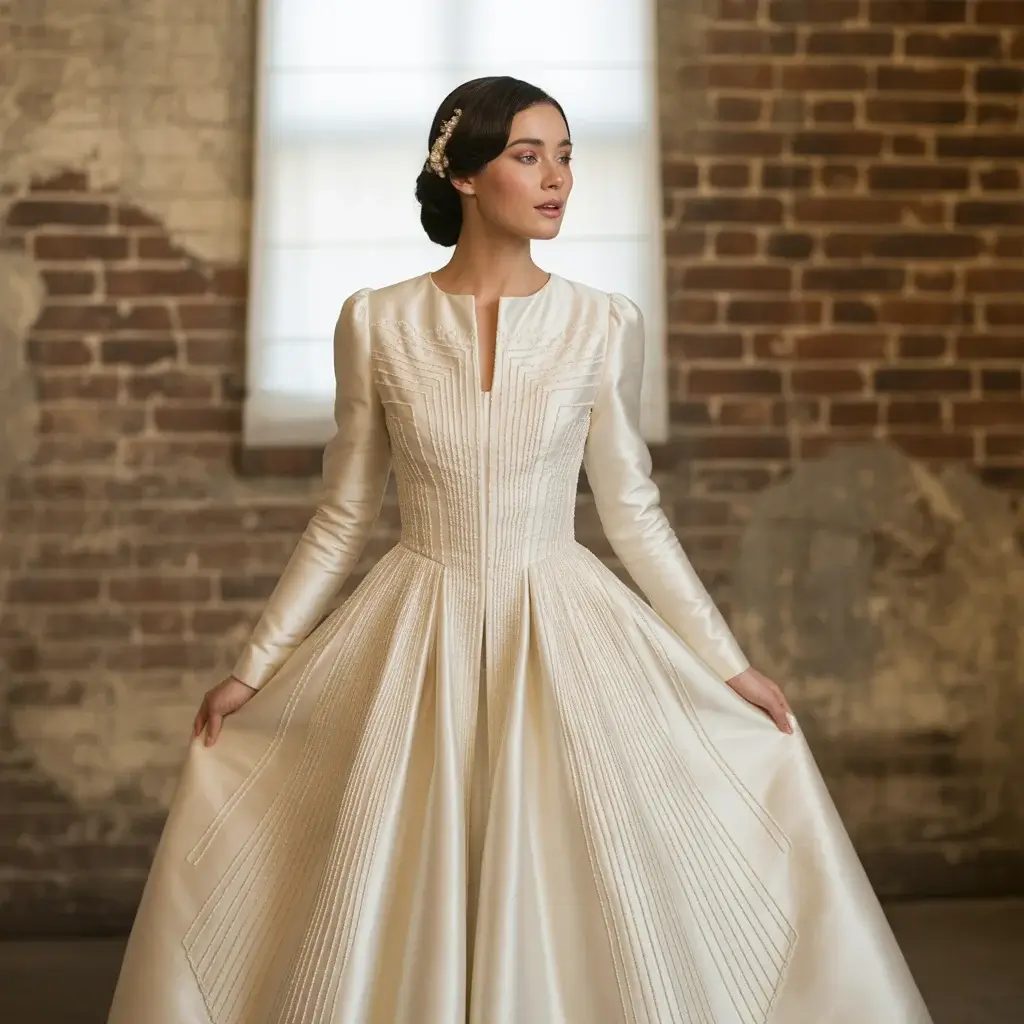 Art Deco inspired silk dupioni wedding dress with geometric details and structured long sleeves