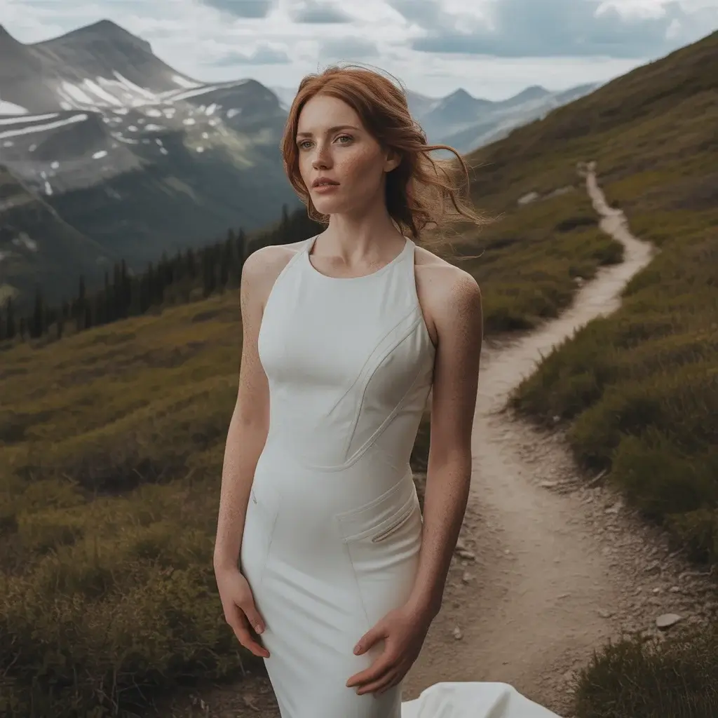 15 Wedding Dresses for Mountain Weddings 10 Athletic bride in a practical hiking dress hybrid with technical fabric features ready for mountain trail ceremony