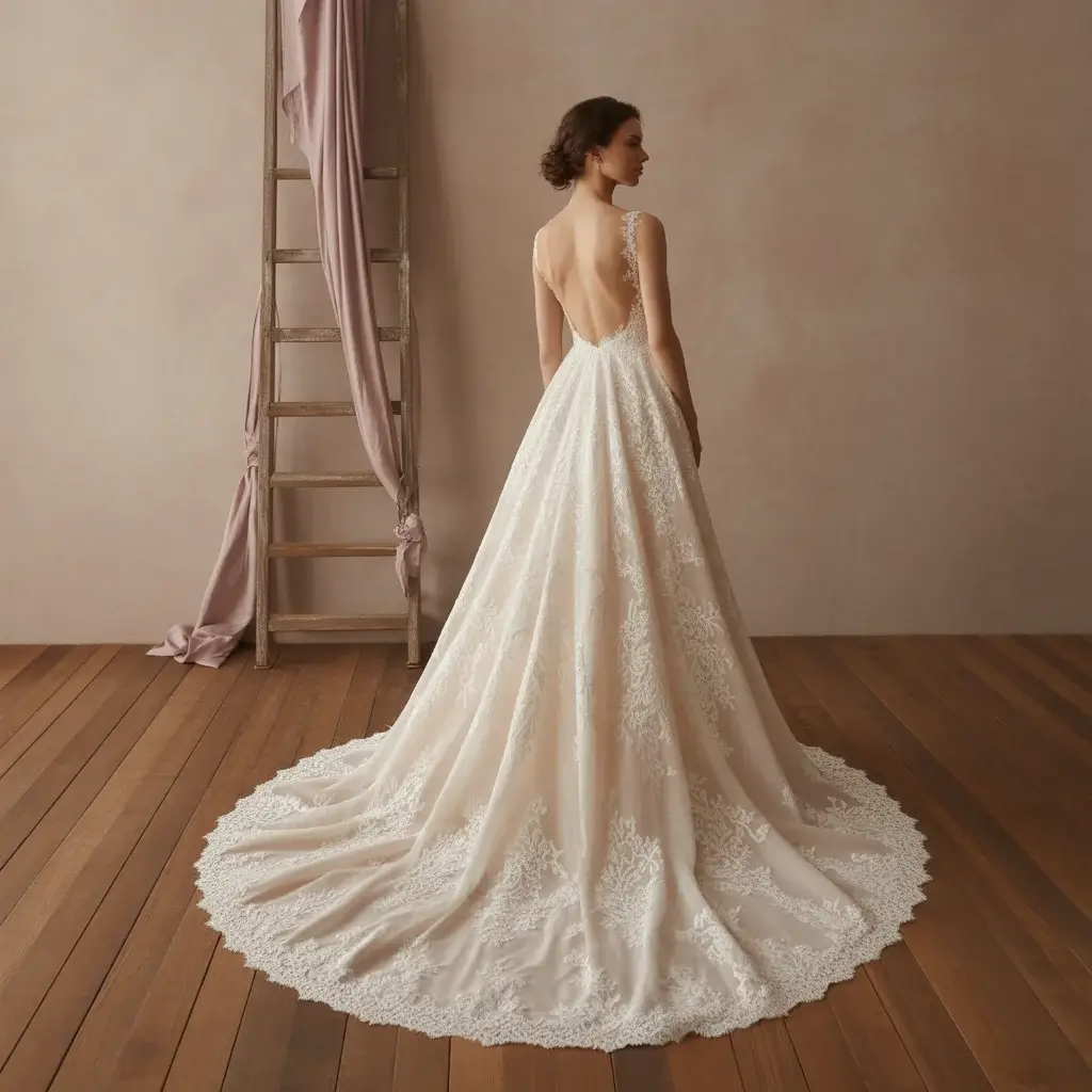 Backless Chantilly lace wedding dress with dramatic open back and delicate strap details