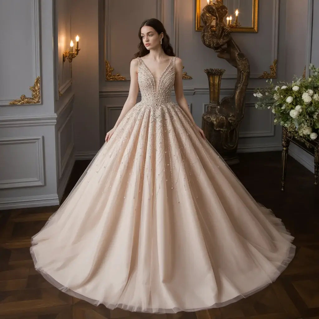 Ball gown with jewel-encrusted bodice featuring crystals and pearls on flowing tulle