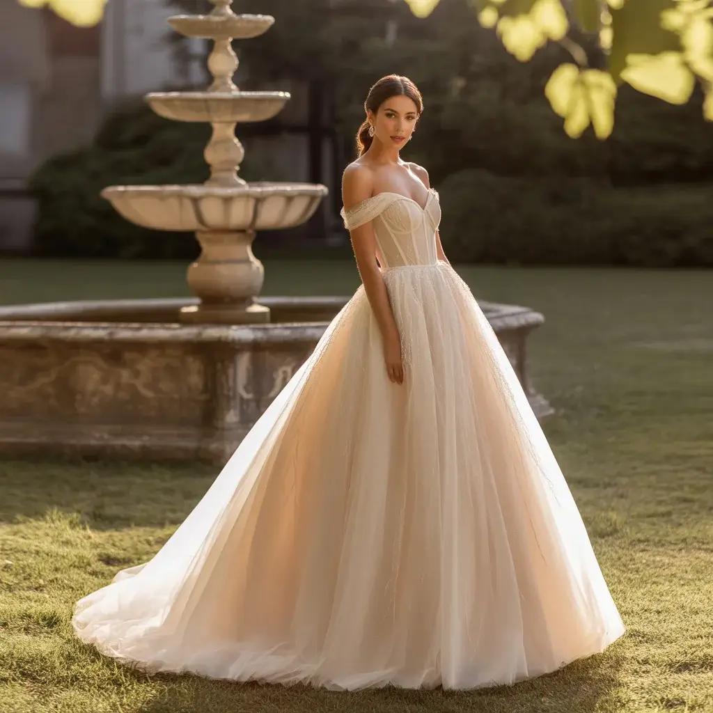 Ball gown with romantic sweetheart neckline and dramatic tulle skirt