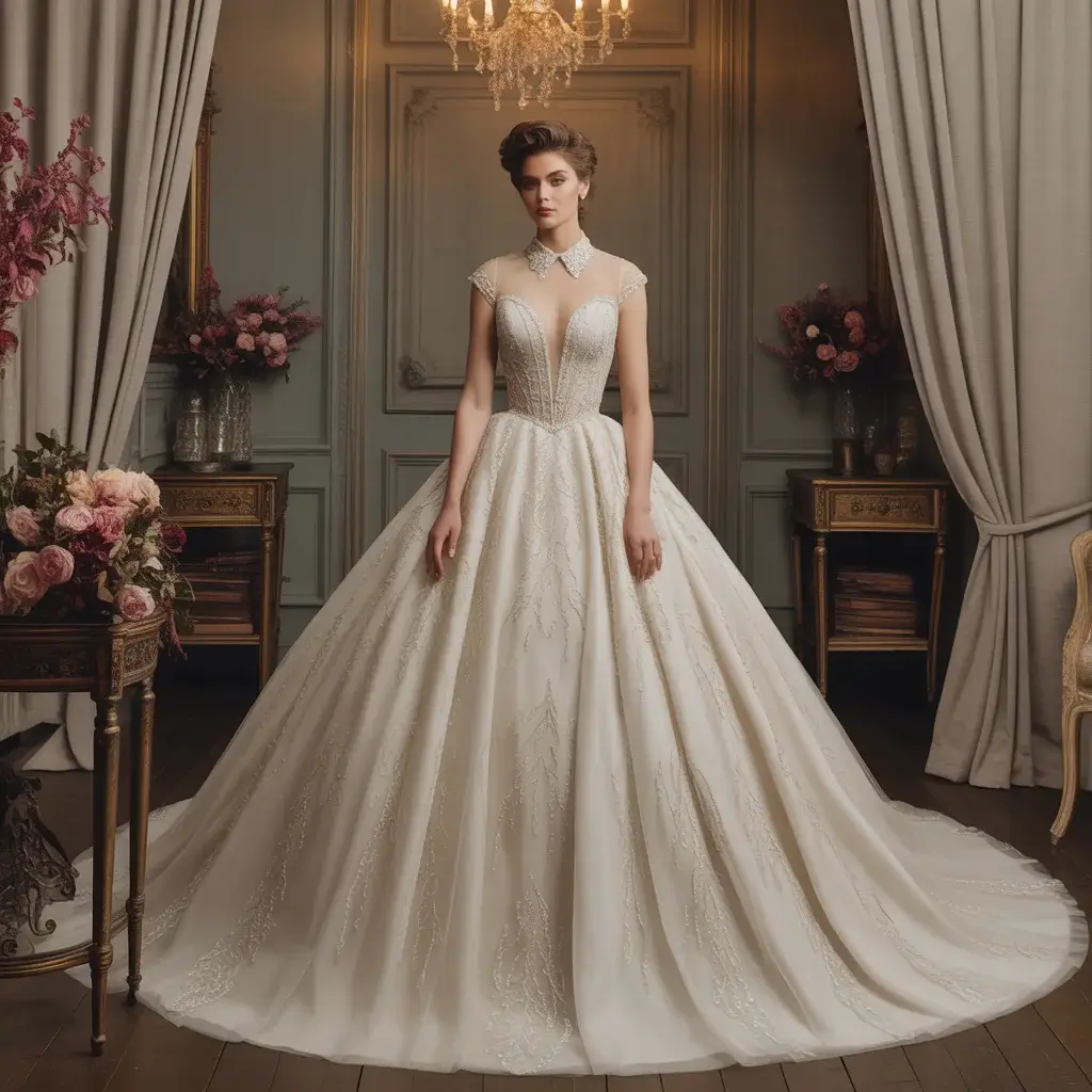 Top 15 Bridal Gowns with Collars That Are Making Waves in Wedding Fashion 3 Ballgown wedding dress with sheer illusion collar and sparkling beaded embellishments