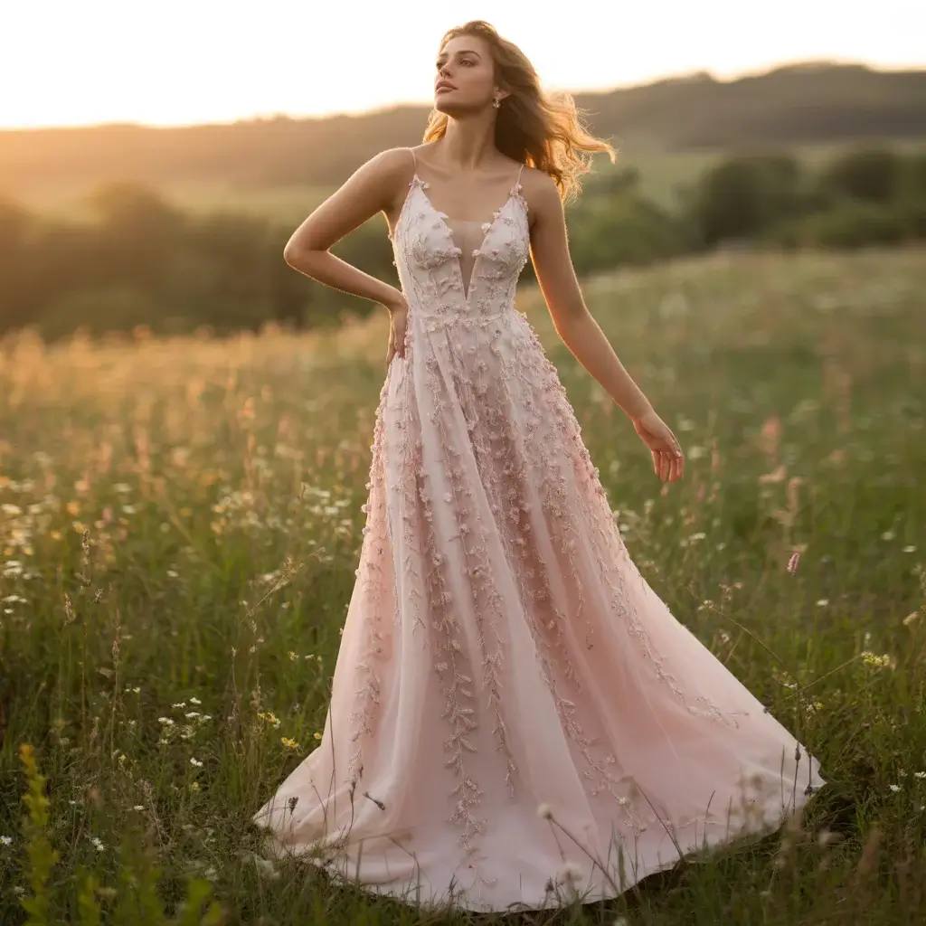 Beautiful Blush Pink Wedding Gown With Romantic Floral Embroidered Details And Flowing Skirt