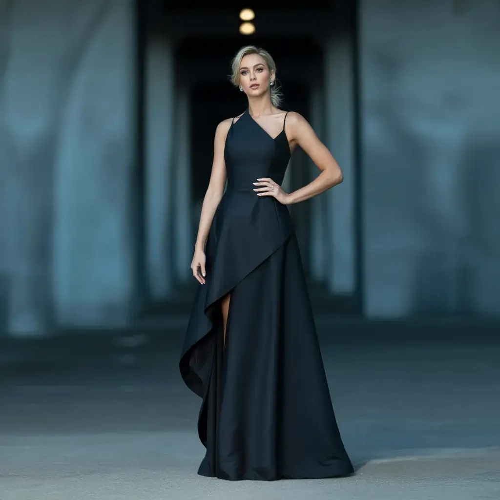 13 Black Long Dresses for Wedding Guests 8 Black asymmetrical dress with high-low hemline and modern draping details