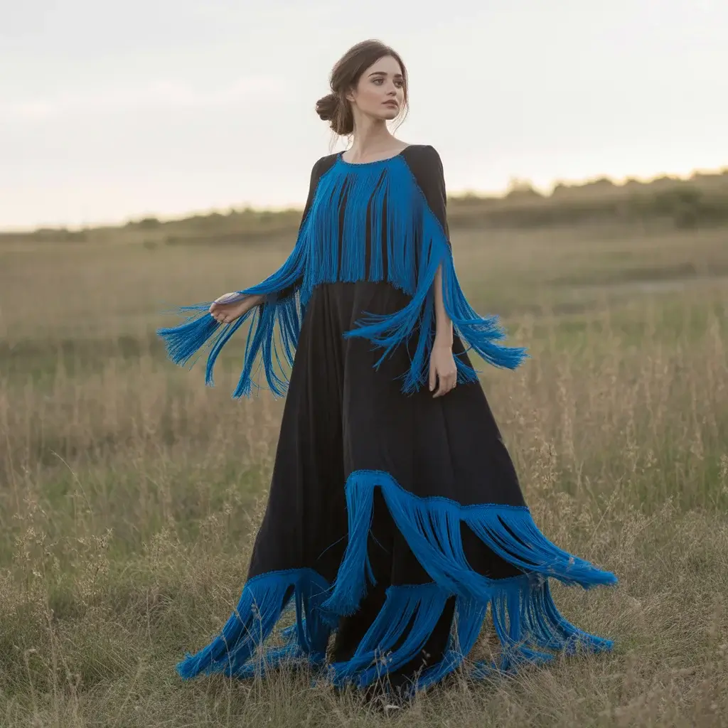 Black bohemian wedding dress with royal blue fringe details and flowing sleeves